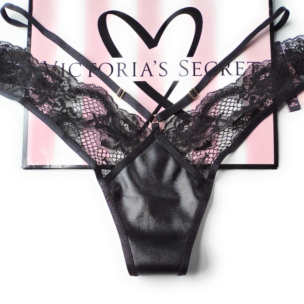 VICTORIA'S SECRET VERY SEXY Black Brazilian Panty VS Faux Leather Open Back M